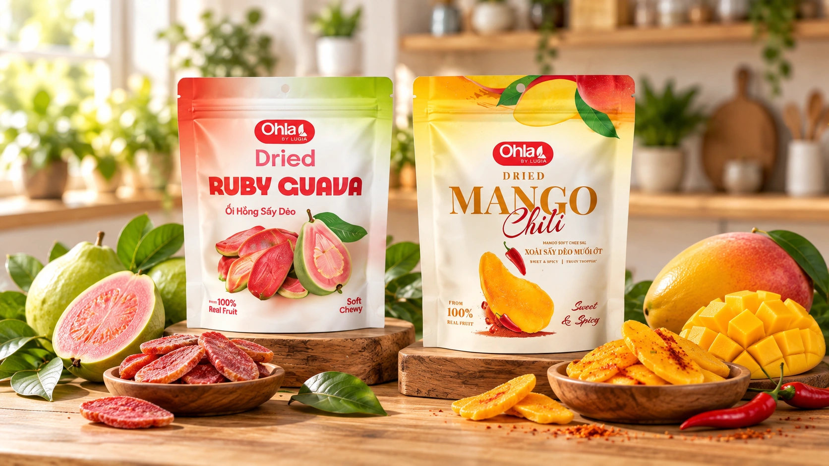 A tabletop selection of dried fruit products from the RIBATO catalogue